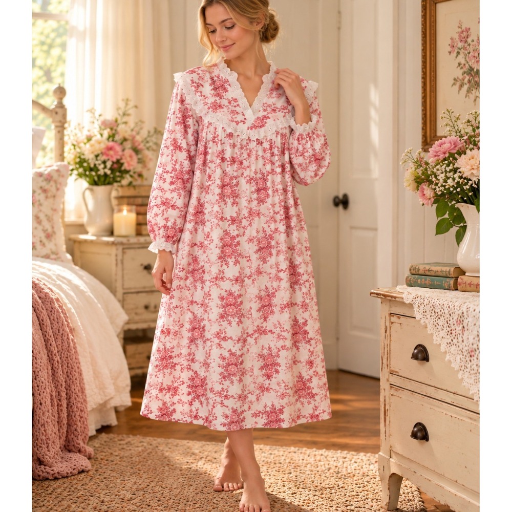 Vintage Lanz of Salzburg Cotton Flannel Nightgown Pink Floral Bow Pattern S/M